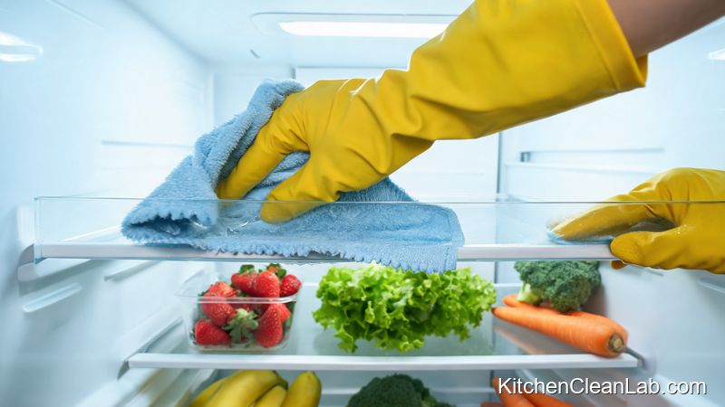 Wiping a refrigerator shelf with diluted white vinegar to remove kitchen odor