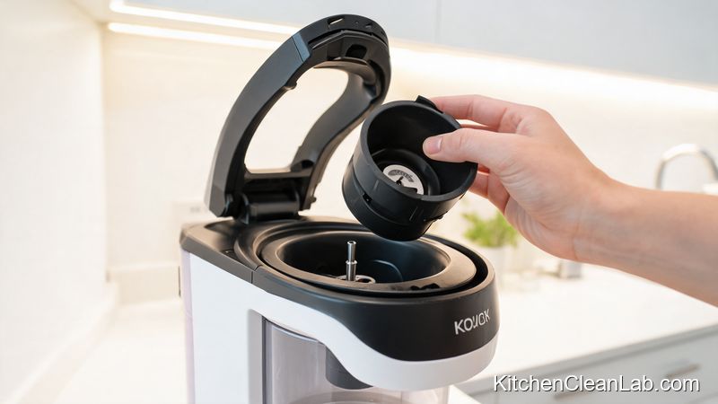 Hands removing the Keurig K-cup pod holder and funnel for deep cleaning