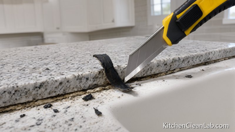 Removing cracked and moldy caulk around a kitchen sink with a caulk removal tool before resealing