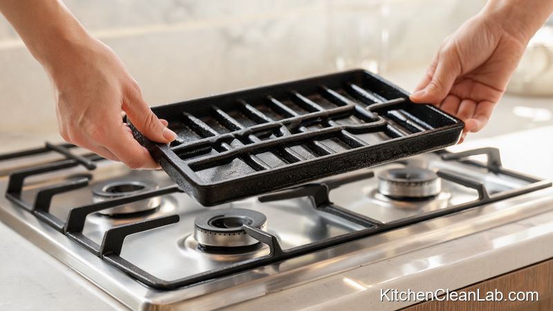Removing a cooled enameled cast iron grate from a gas stovetop before cleaning burner grates