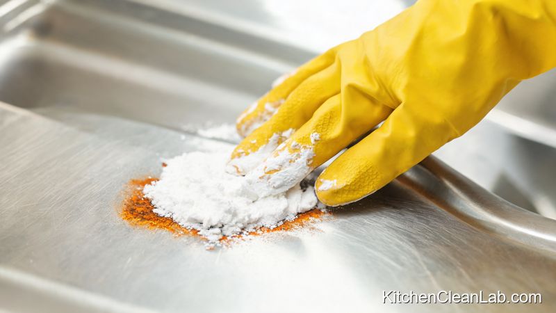 Removing rust spots from stainless steel sink with baking soda and vinegar paste on a soft sponge