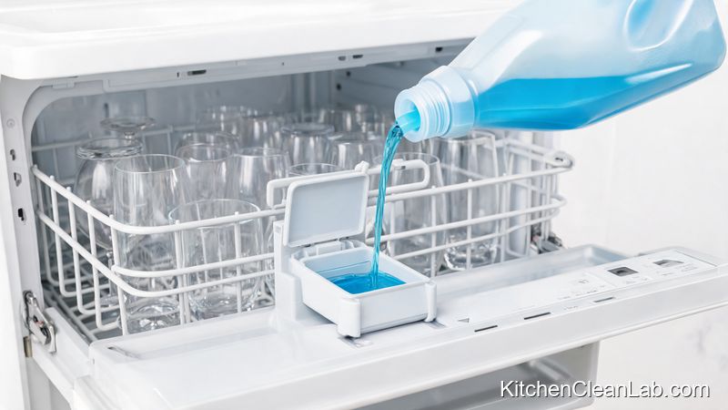 Filling dishwasher rinse aid dispenser to stop cloudy film on glassware