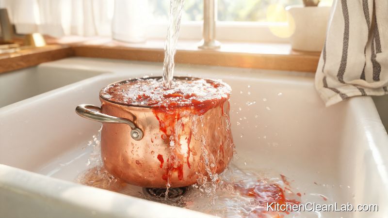 Rinsing ketchup and salt residue from a copper pot with warm water