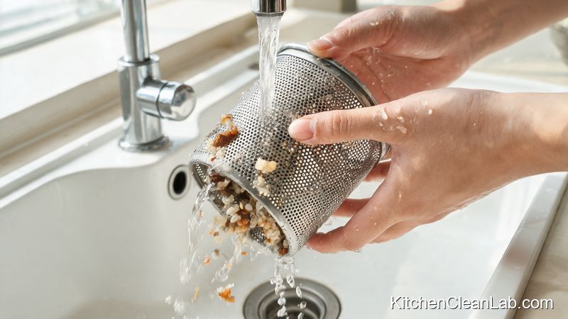 Rinsing a dishwasher filter under warm water to remove food particles