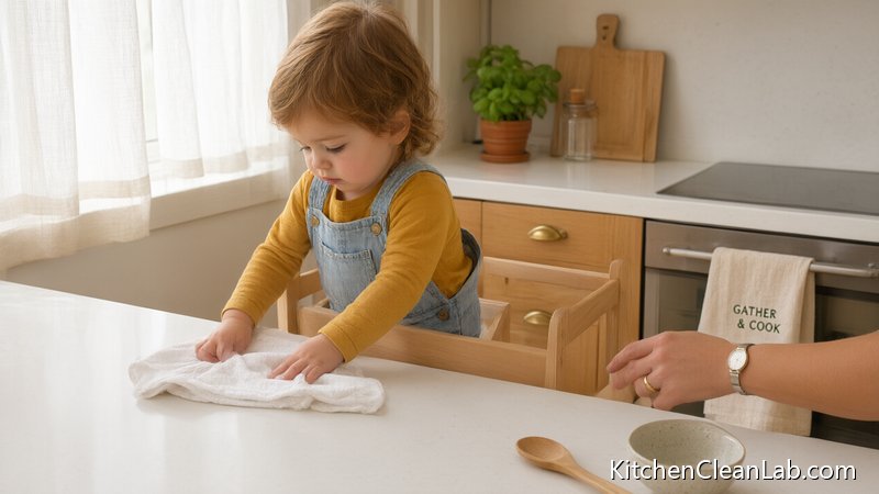 Child standing on a sturdy non-slip kitchen step stool while wiping counter safely
