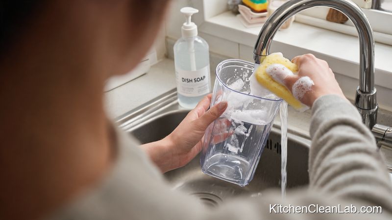 Cleaning the inside of a removable Keurig water reservoir with a soft sponge and soapy water