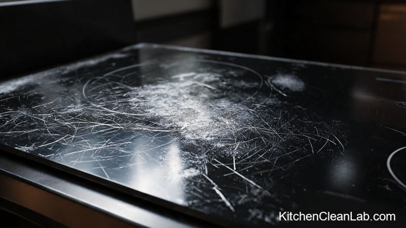 Example of scratched glass cooktop to avoid when removing burnt-on food without scratching