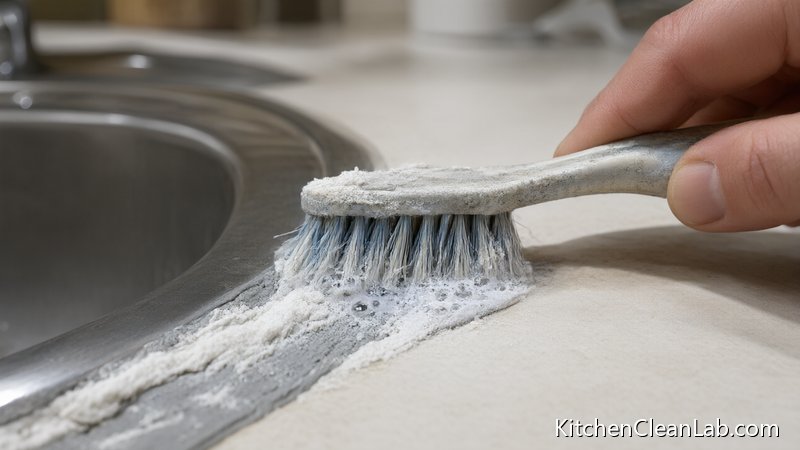 Scrubbing baking soda paste on moldy kitchen sink caulk with a soft toothbrush to remove mildew