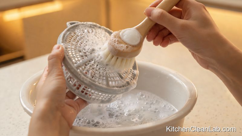 Scrubbing a dishwasher filter mesh with a soft brush in soapy water
