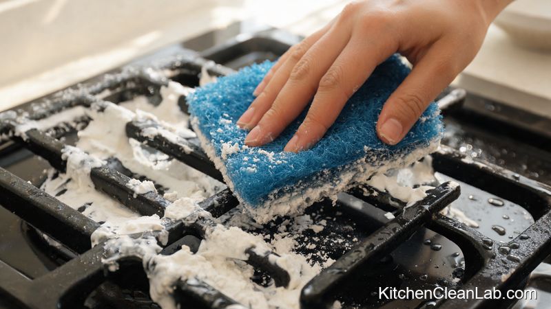 Hand scrubbing a gas stovetop burner grate with a non-scratch pad and baking soda paste to remove burnt-on grease