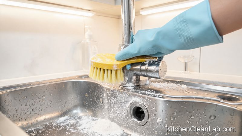 Scrubbing kitchen sink and faucet during a move out deep clean to remove hard water stains and bacteria