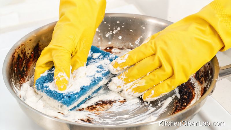 scrubbing burnt stainless steel pan with cream of tartar paste to remove scorch marks