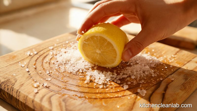 Hands scrubbing a wooden cutting board with lemon half and coarse salt to lift stains and odors