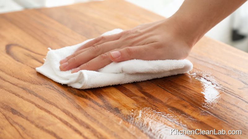 Hand applying food-safe wood sealer to protect a wood kitchen island top from water rings