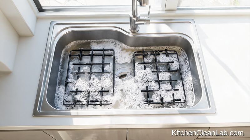 Soaking black gas stovetop burner grates in a stainless steel sink filled with warm soapy water