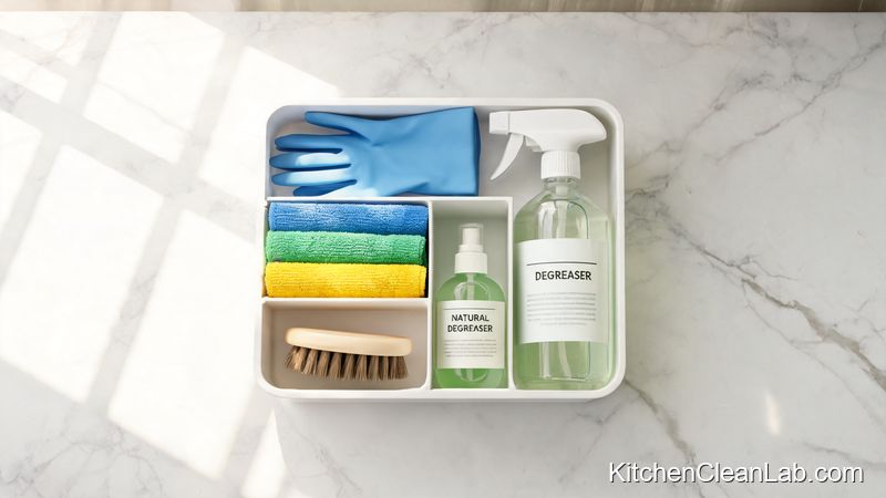 Spring kitchen deep cleaning supplies with degreaser and microfiber cloths