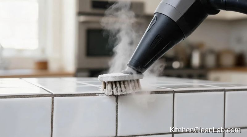 Before and after cleaning tile grout on kitchen backsplash without acid