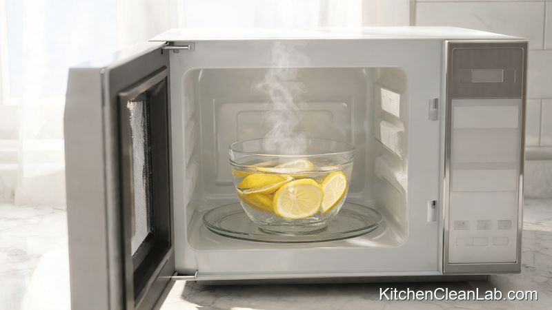 Glass bowl with lemon slices and water inside an open microwave for steam cleaning a microwave naturally