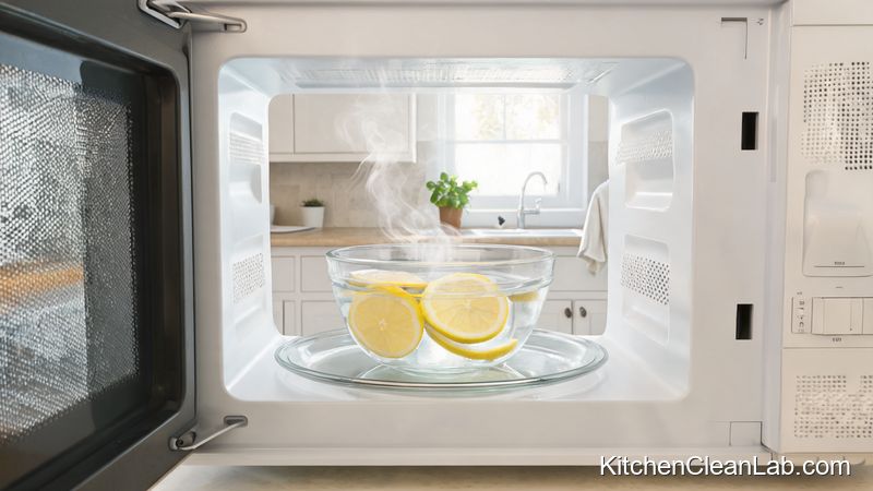 Steam cleaning microwave with lemon water as part of printable weekly kitchen cleaning checklist