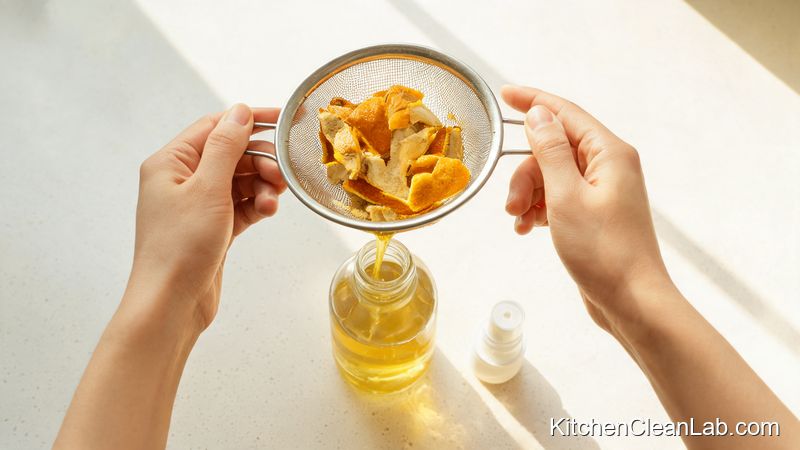 Straining citrus vinegar into a glass spray bottle for DIY kitchen cleaner