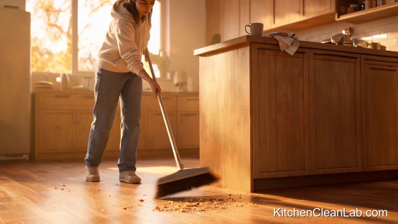Sweeping visible crumbs from the kitchen floor during a quick clean before guests arrive