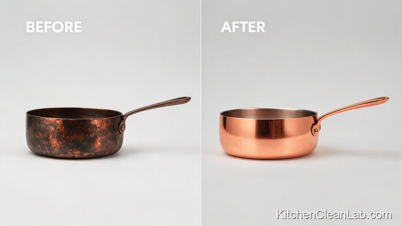 Before and after tarnished copper pan cleaned naturally with ketchup and salt