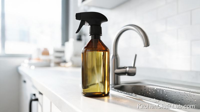 Tea tree oil mold spray bottle next to a stainless steel kitchen sink with visible condensation