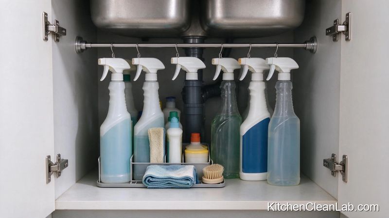 tension rod holding spray bottles under kitchen sink cabinet