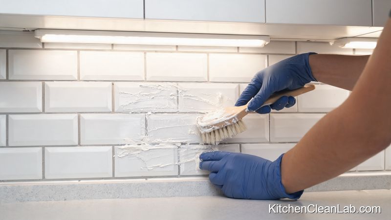 Soft brush scrubbing baking soda paste on greasy white subway tile backsplash