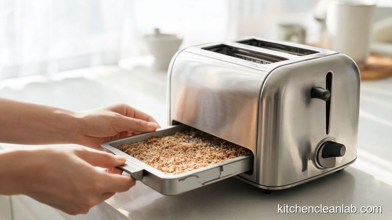 Removing the toaster crumb tray over a kitchen counter with crumbs visible