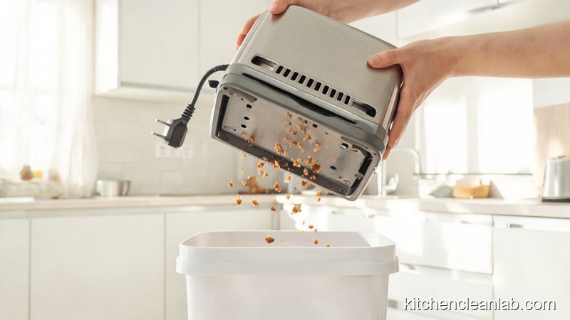 Holding an unplugged toaster upside down over a trash bin to remove crumbs