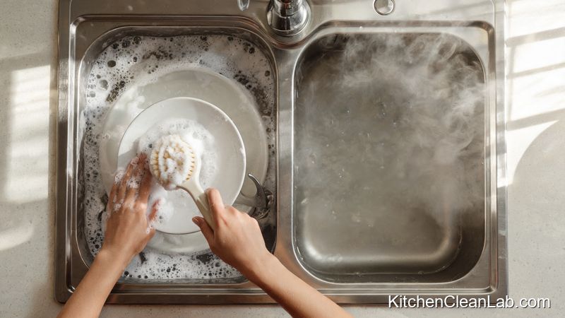 Two-basin method for washing dishes with castile soap and hot rinse water