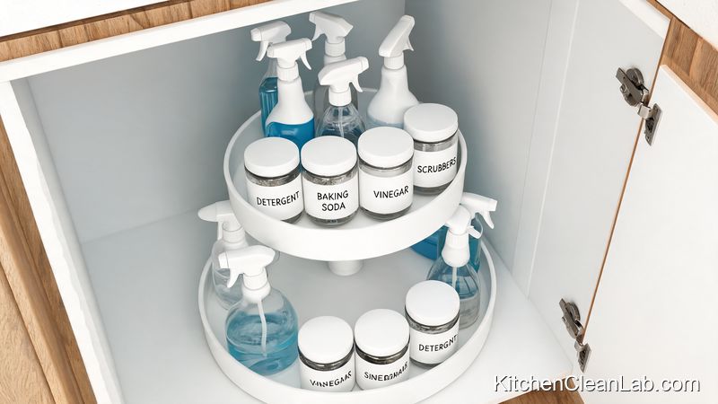 two tier lazy Susan with cleaning bottles inside under sink cabinet