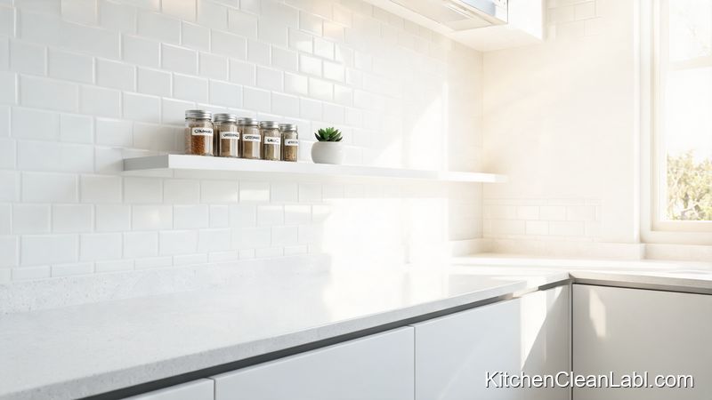Slim floating kitchen shelf above backsplash with spice jars and small plant over clear countertop