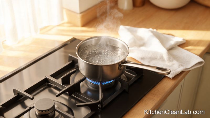 White vinegar steam pot neutralizing fish and fried food odor in kitchen