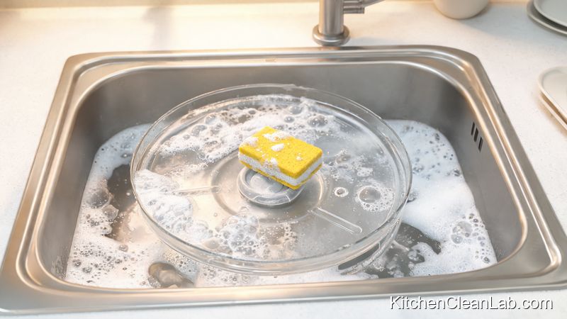 Glass microwave turntable plate washed with warm soapy water and a sponge in a stainless steel sink