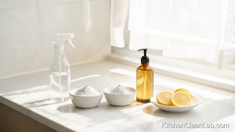 DIY kitchen grease cutter using washing soda ingredients in a glass spray bottle next to a stove