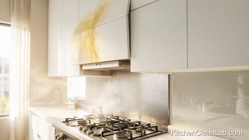 Yellowed white laminate cabinets caused by oil fumes near stove