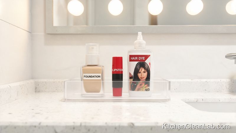 White quartz bathroom countertop with makeup tray and hair dye bottles to prevent pigment transfer stains