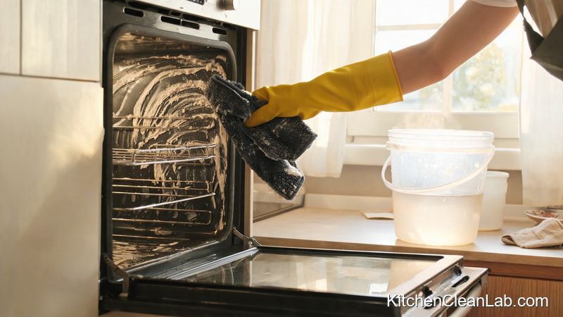 Wiping baking soda paste from an oven interior with a damp cloth and warm water