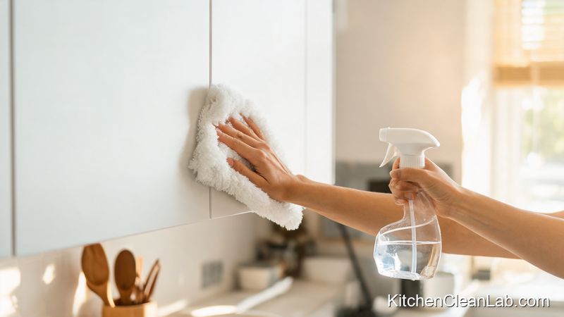 Wiping kitchen cabinets with degreasing microfiber cloth during weekly cleaning checklist