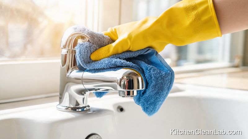 Wiping a kitchen faucet with microfiber cloth during a speed clean before guests arrive