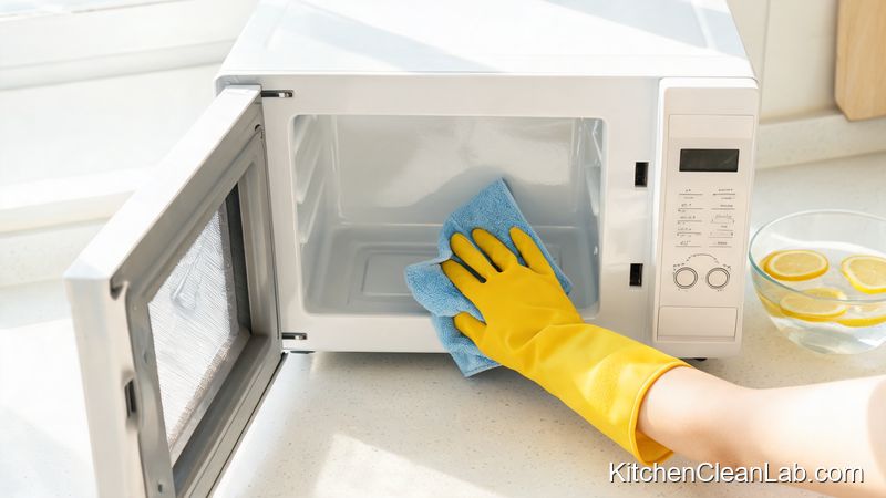wiping microwave interior with microfiber cloth after lemon steam cleaning