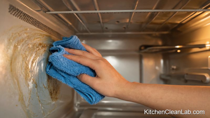 Microfiber cloth wiping the inside of a microwave to remove grease after steam cleaning