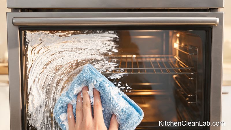 Wiping an oven clean with a microfiber cloth after baking soda paste treatment