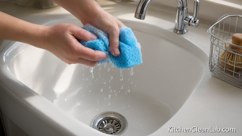 Wringing a kitchen sponge after use to remove moisture and prevent bacterial growth